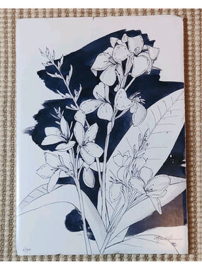 MadNeil Signed Limited Edition Floral Line Art Print Portrait Colbalt 15x21